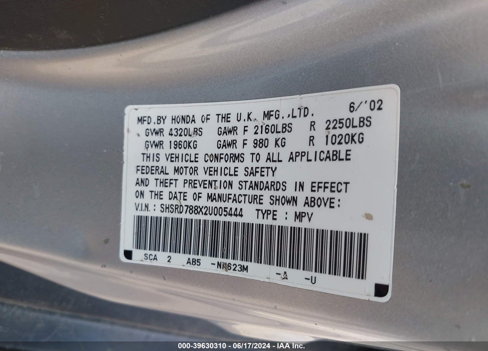 2002 HONDA CR-V EX VIN: SHSRD788X2U005444