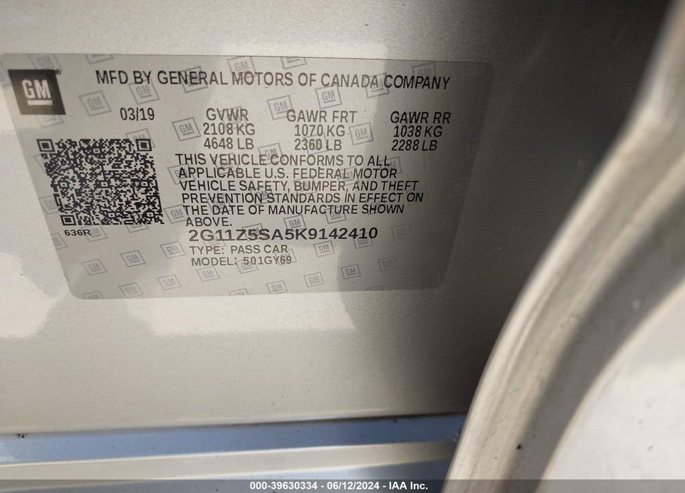 2019 CHEVROLET IMPALA LT VIN: 2G11Z5SA5K9142410