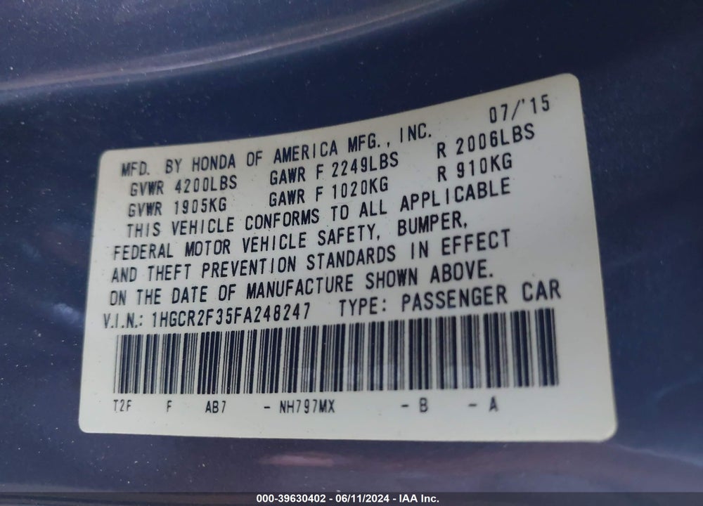 2015 HONDA ACCORD LX VIN: 1HGCR2F35FA248247