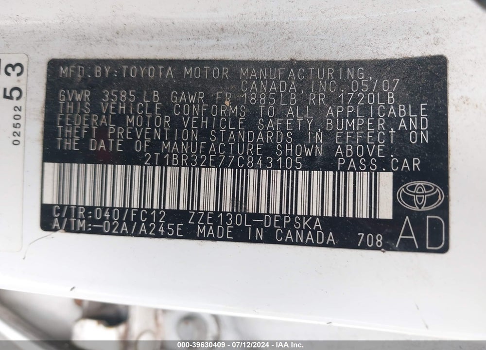 2007 TOYOTA COROLLA S VIN: 2T1BR32E77C843105