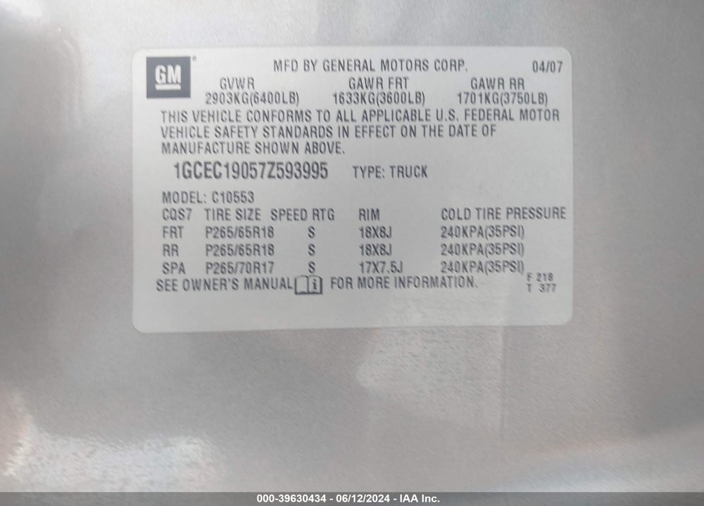 2007 CHEVROLET SILVERADO 1500 LTZ VIN: 1GCEC19057Z593995