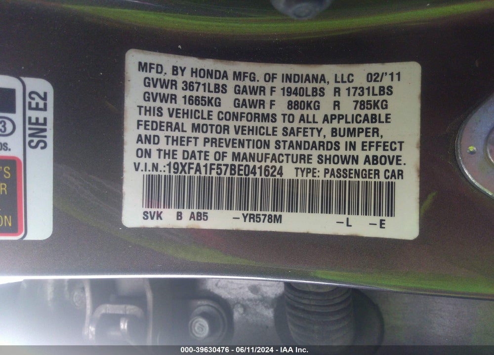 2011 HONDA CIVIC LX VIN: 19XFA1F57BE041624