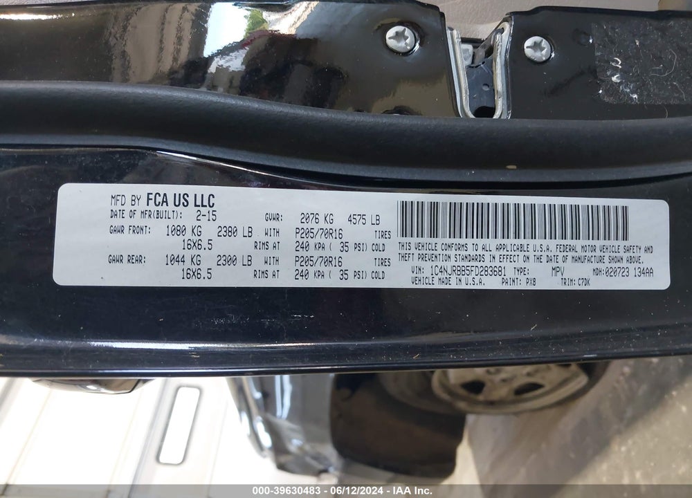 2015 JEEP PATRIOT SPORT VIN: 1C4NJRBB5FD283681