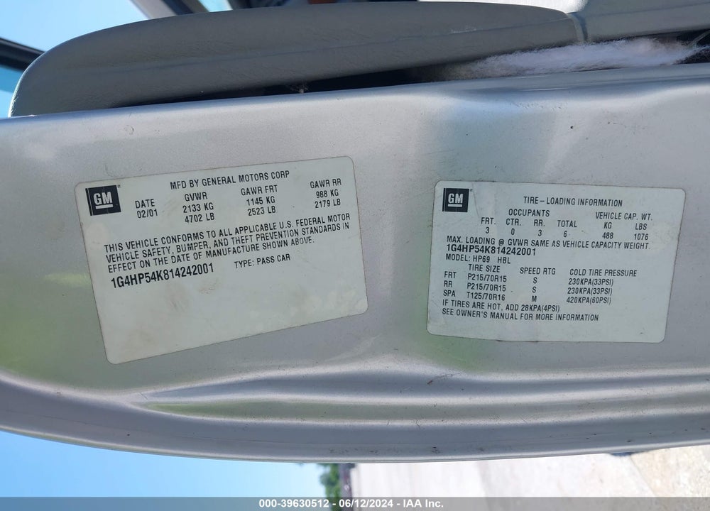 2001 BUICK LESABRE CUSTOM VIN: 1G4HP54K814242001