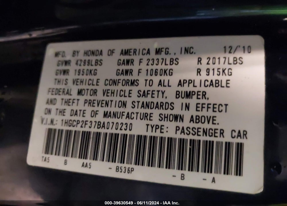 2011 HONDA ACCORD 2.4 LX VIN: 1HGCP2F37BA070230