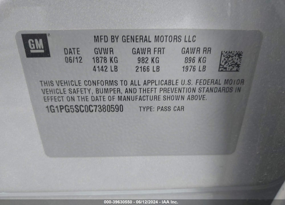 2012 CHEVROLET CRUZE 2LT VIN: 1G1PG5SC0C7380590