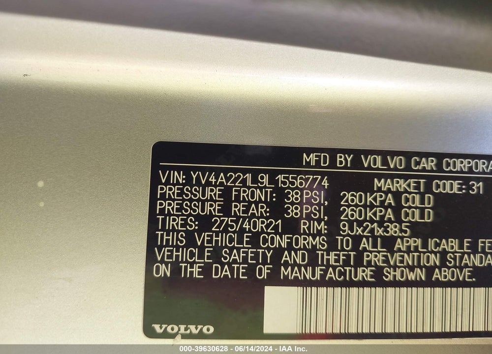 2020 VOLVO XC90 T6 INSCRIPTION 6 PASSENGER VIN: YV4A221L9L1556774