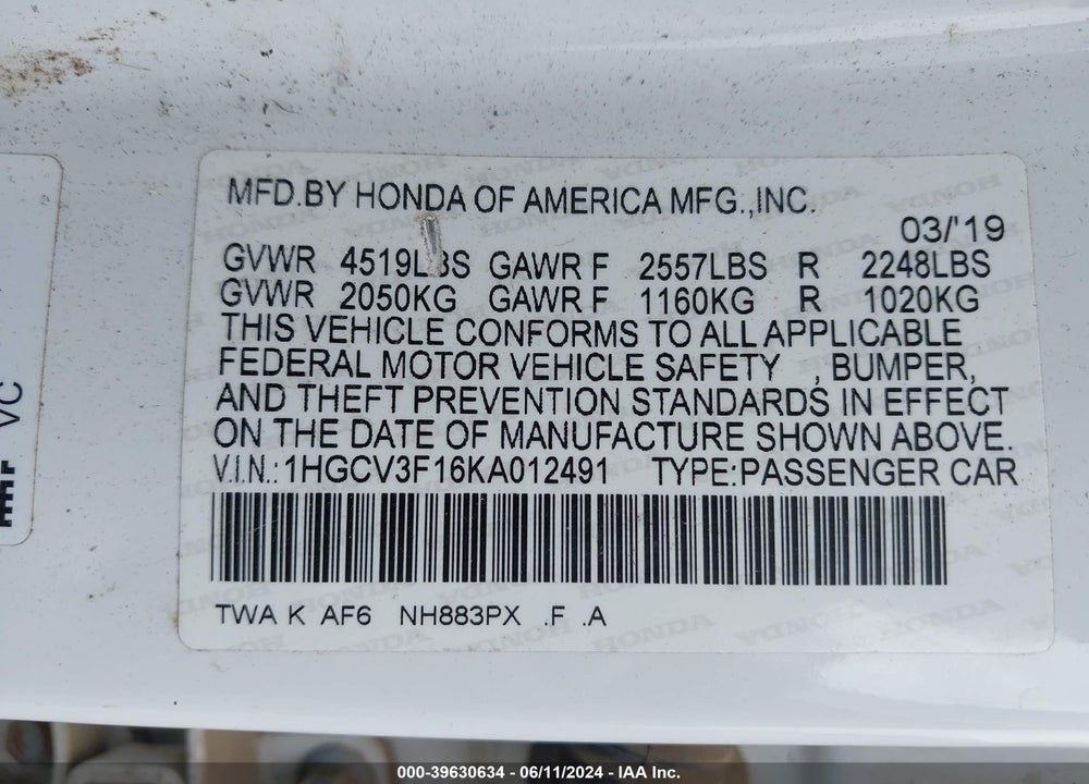 2019 HONDA ACCORD HYBRID VIN: 1HGCV3F16KA012491