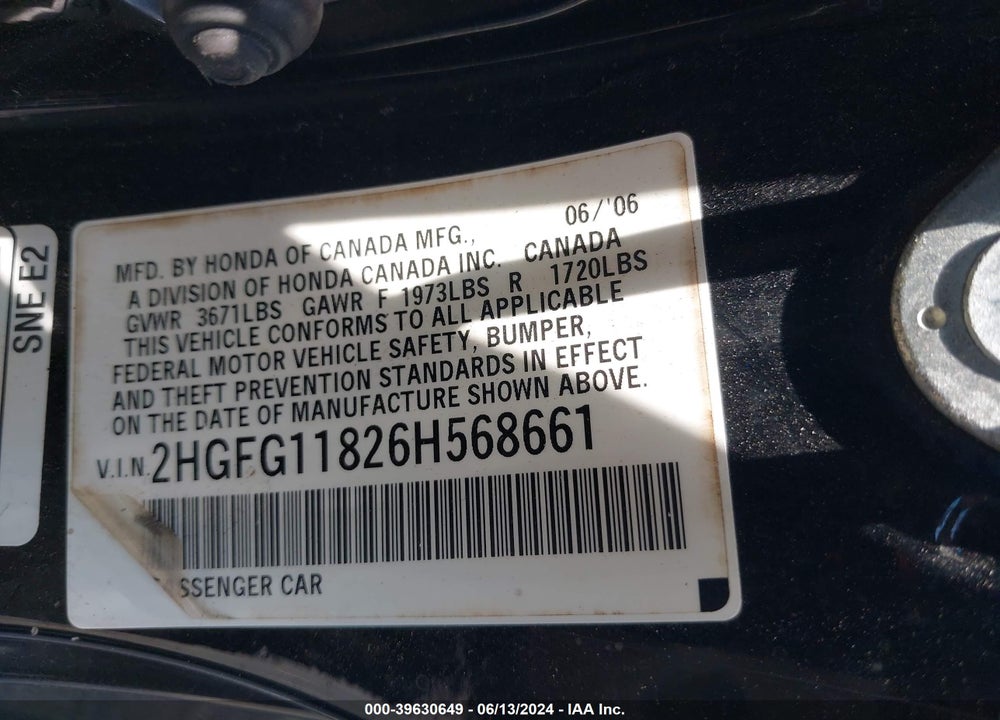 2006 HONDA CIVIC EX VIN: 2HGFG11826H568661