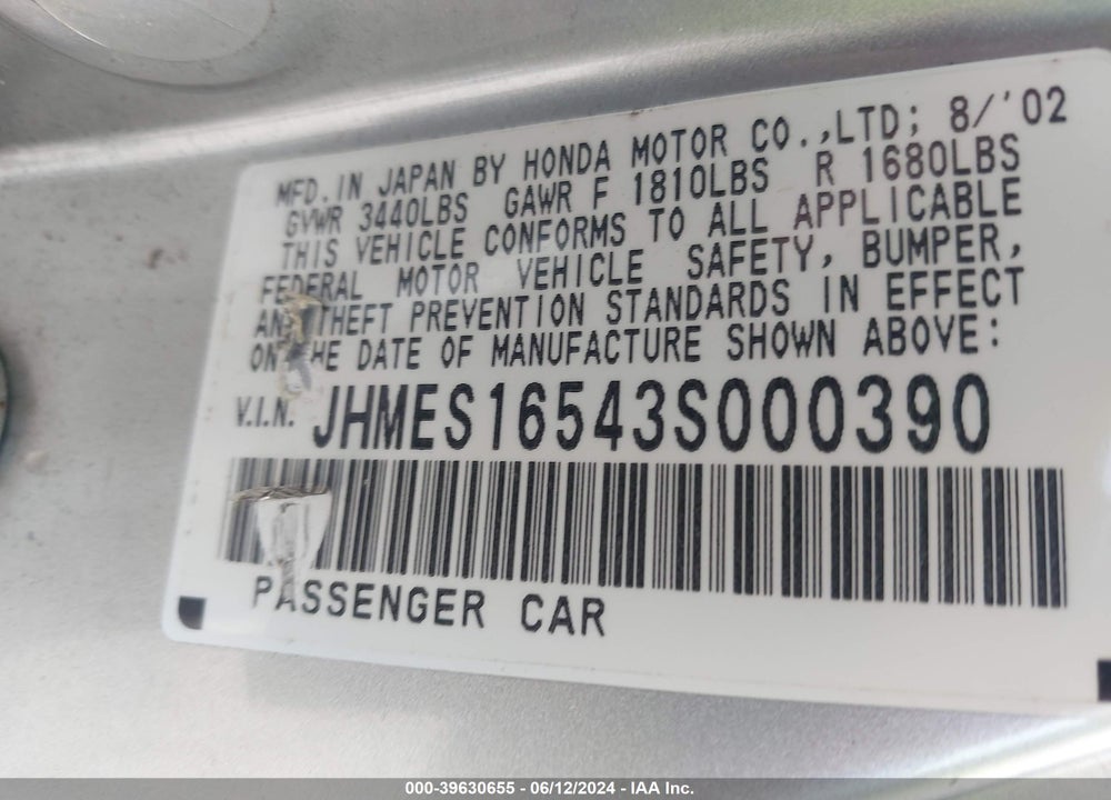 2003 HONDA CIVIC LX VIN: JHMES16543S000390