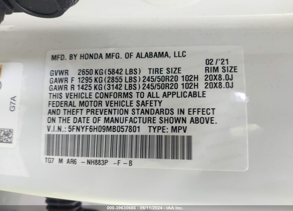 2021 HONDA PILOT AWD ELITE VIN: 5FNYF6H09MB057801