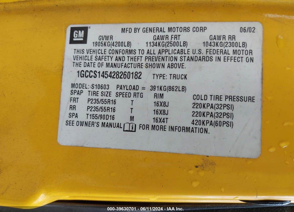 2002 CHEVROLET S-10 LS VIN: 1GCCS145428260182