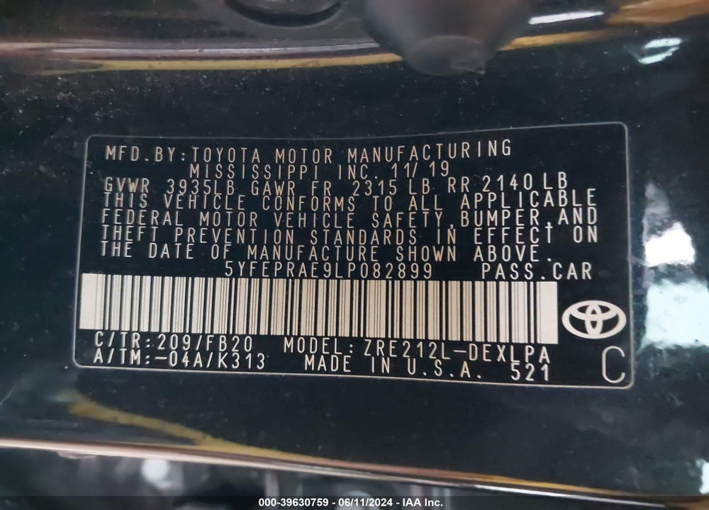 2020 TOYOTA COROLLA LE VIN: 5YFEPRAE9LP082899