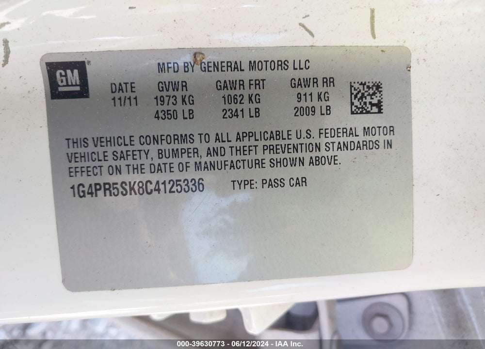 2012 BUICK VERANO VIN: 1G4PR5SK8C4125336