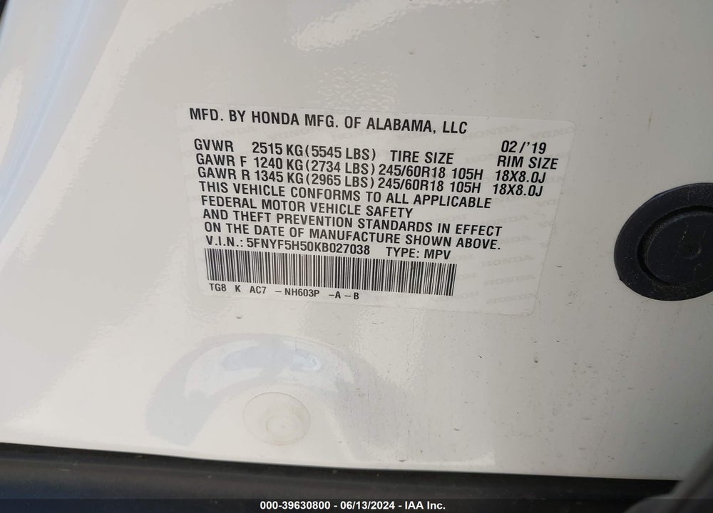 2019 HONDA PILOT VIN: 5FNYF5H50KB027038