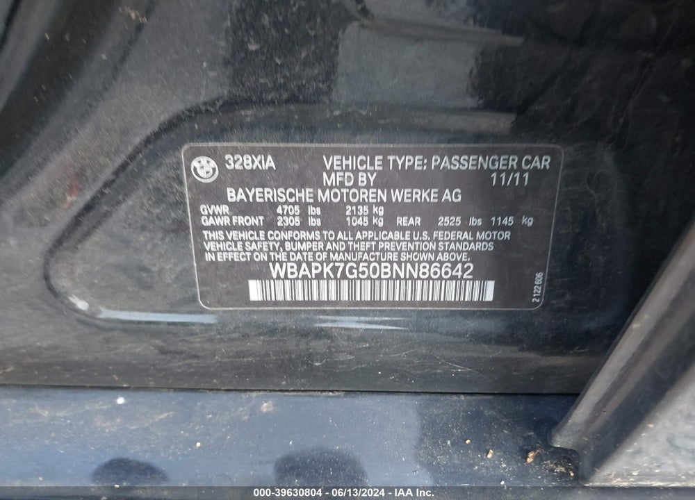 2011 BMW 328I XDRIVE VIN: WBAPK7G50BNN86642