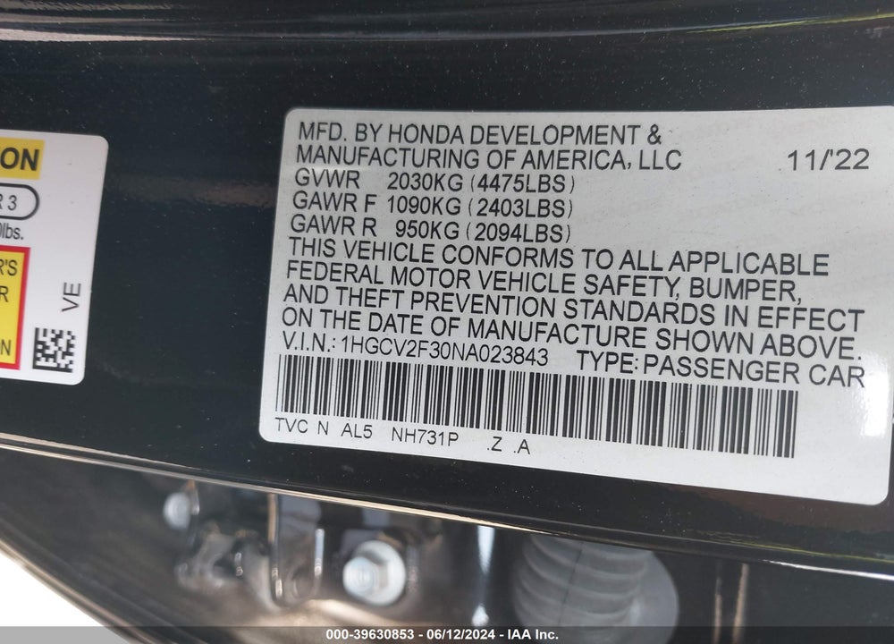 2022 HONDA ACCORD SPORT 2.0T VIN: 1HGCV2F30NA023843