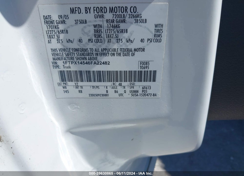 2006 FORD F-150 FX4/LARIAT/XL/XLT VIN: 1FTPX14546FA22482