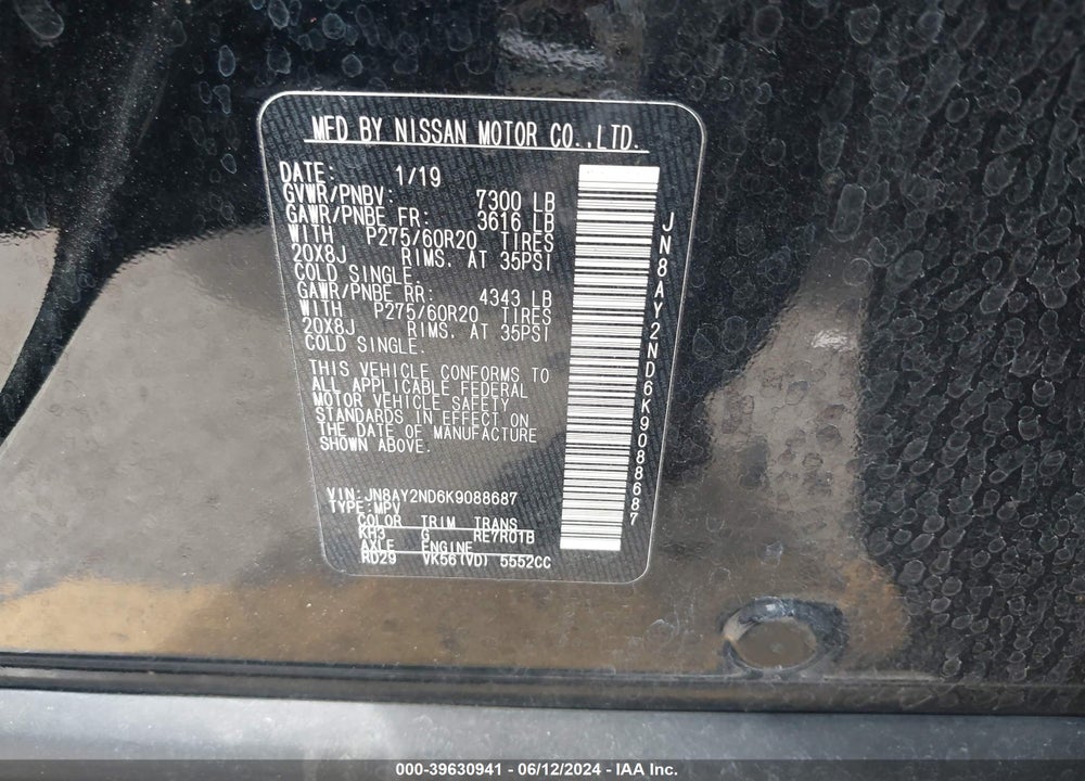 2019 NISSAN ARMADA SL VIN: JN8AY2ND6K9088687