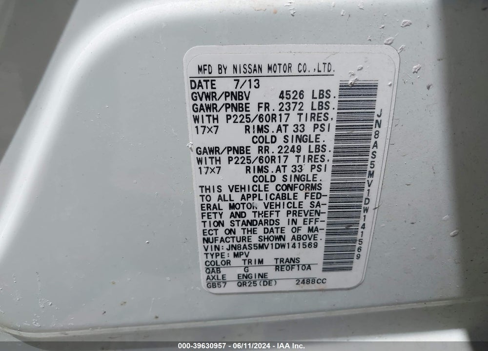 2013 NISSAN ROGUE SV VIN: JN8AS5MV1DW141569