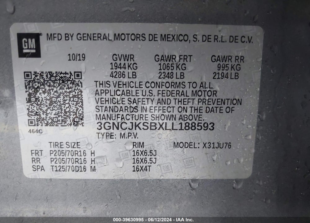 2020 CHEVROLET TRAX FWD LS VIN: 3GNCJKSBXLL188593