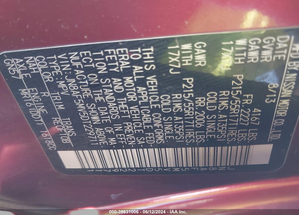 2013 NISSAN JUKE SV VIN: JN8AF5MV5DT229711
