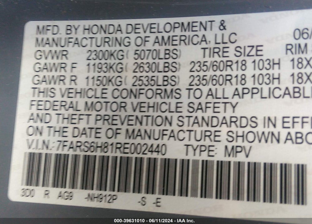 2024 HONDA CR-V HYBRID SPORT-L VIN: 7FARS6H81RE002440