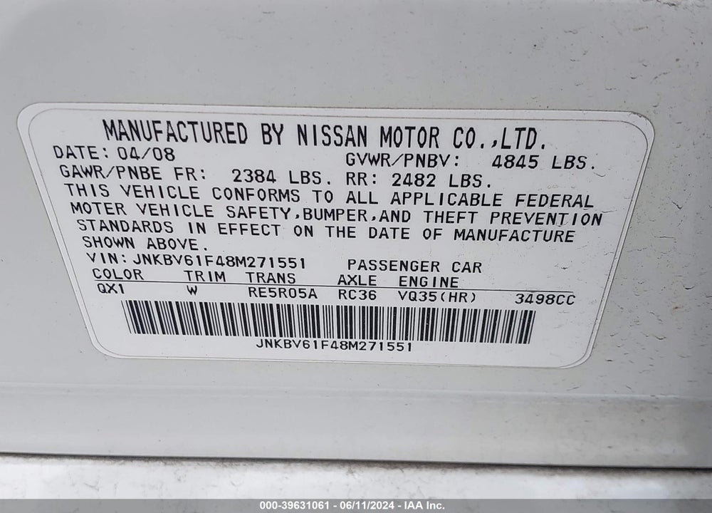 2008 INFINITI G35X VIN: JNKBV61F48M271551