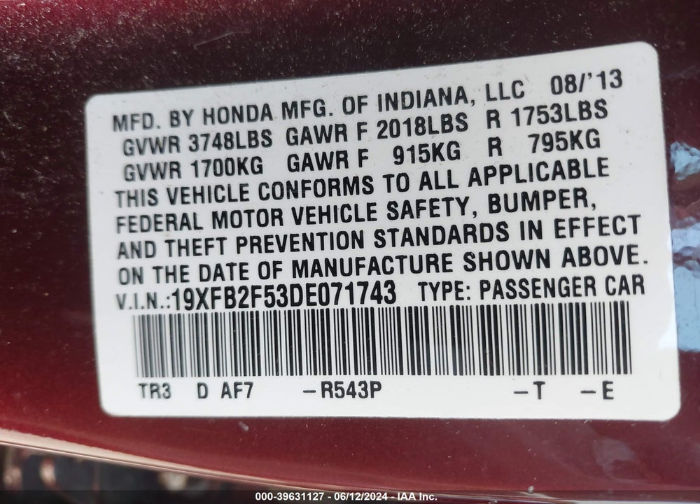2013 HONDA CIVIC LX VIN: 19XFB2F53DE071743