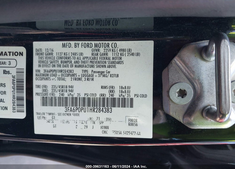 2017 FORD FUSION ENERGI SE LUXURY VIN: 3FA6P0PU1HR284383
