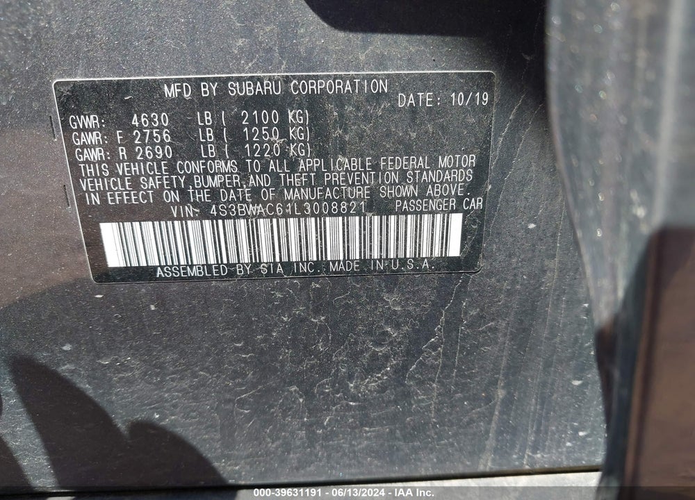 2020 SUBARU LEGACY PREMIUM VIN: 4S3BWAC61L3008821
