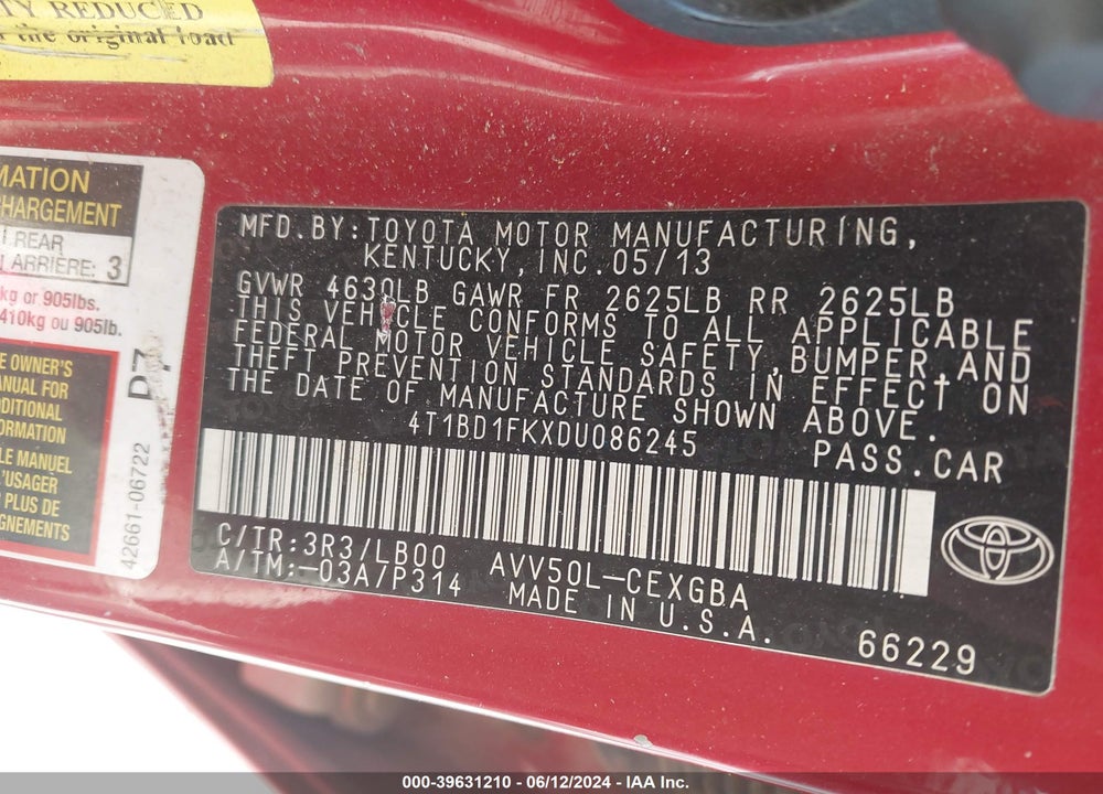 2013 TOYOTA CAMRY HYBRID XLE VIN: 4T1BD1FKXDU086245