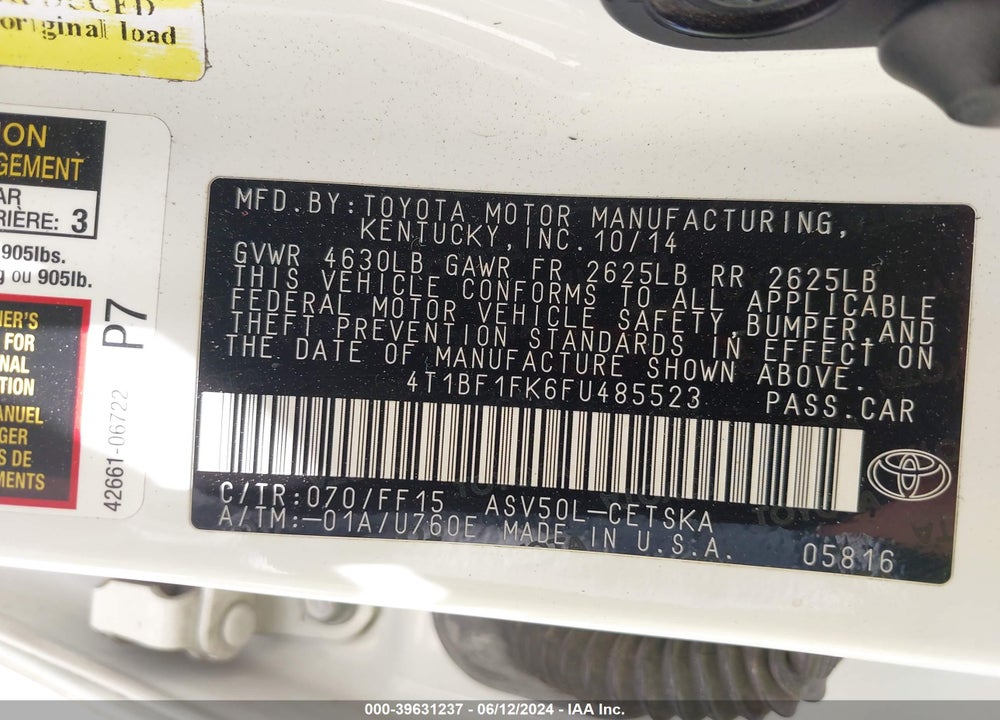 2015 TOYOTA CAMRY SE VIN: 4T1BF1FK6FU485523
