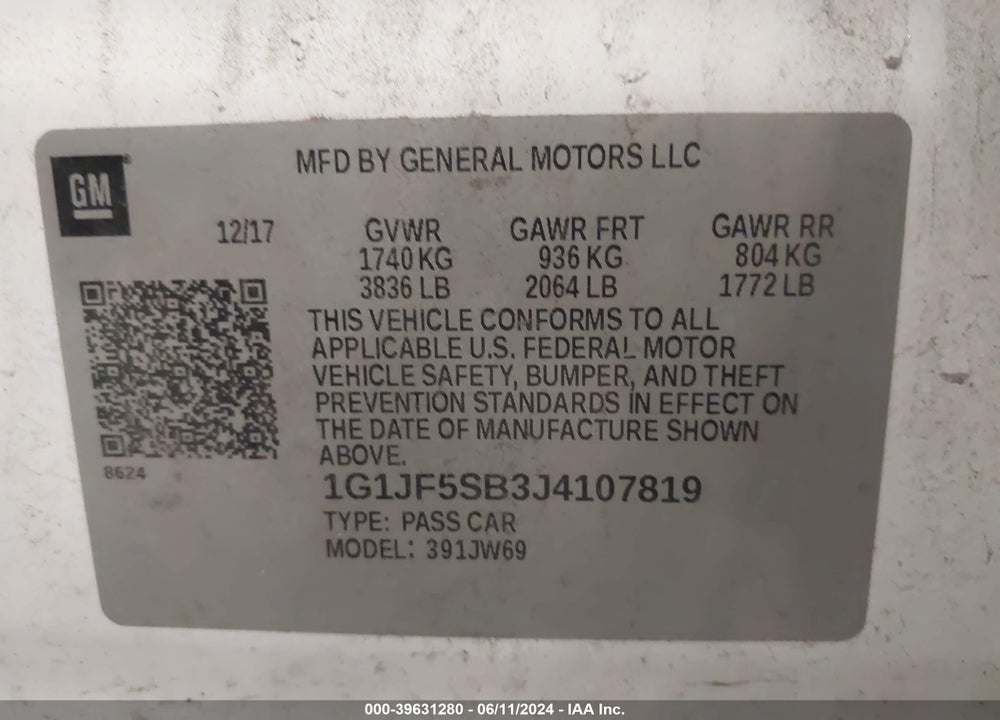 2018 CHEVROLET SONIC PREMIER AUTO VIN: 1G1JF5SB3J4107819