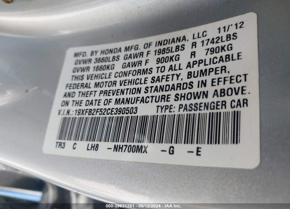 2012 HONDA CIVIC LX VIN: 19XFB2F52CE390503