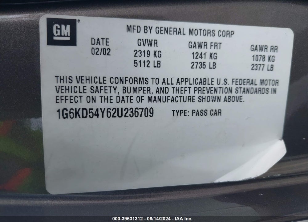 2002 CADILLAC DEVILLE STANDARD VIN: 1G6KD54Y62U236709