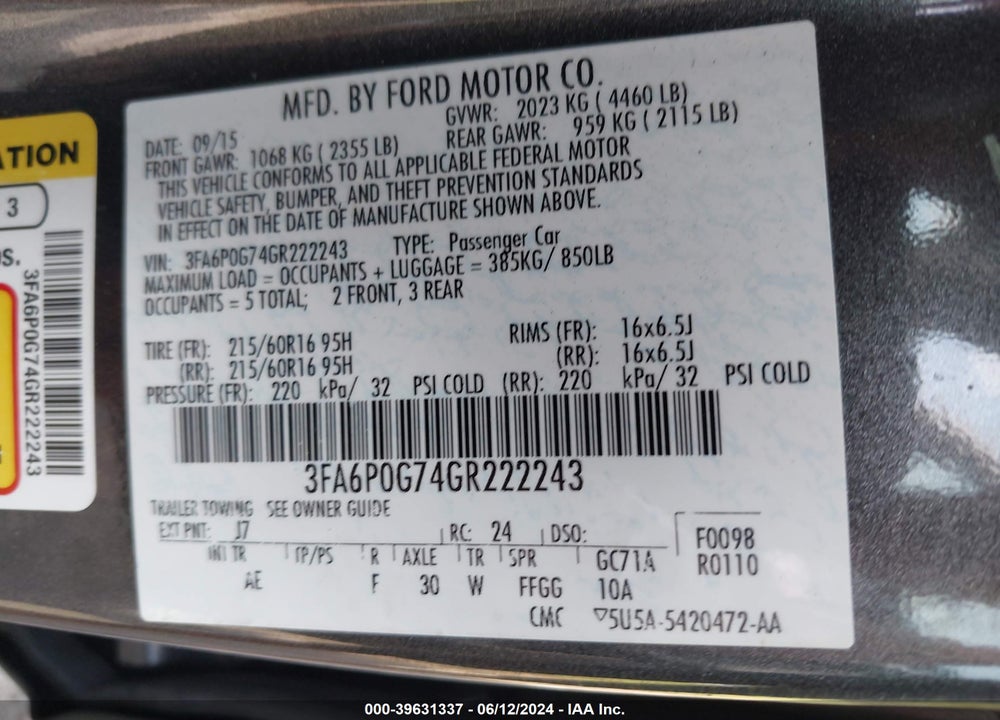 2016 FORD FUSION S VIN: 3FA6P0G74GR222243