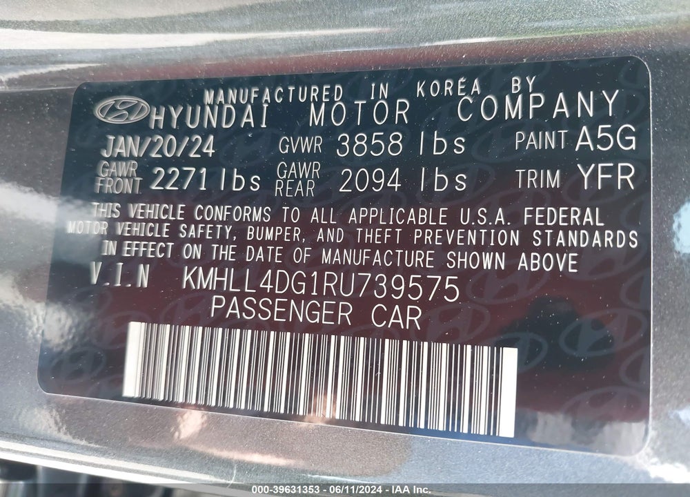 2024 HYUNDAI ELANTRA SE VIN: KMHLL4DG1RU739575
