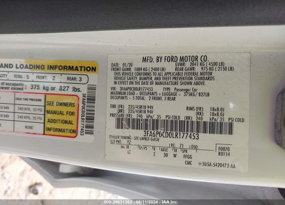 2020 FORD FUSION SEL VIN: 3FA6P0CD0LR177453