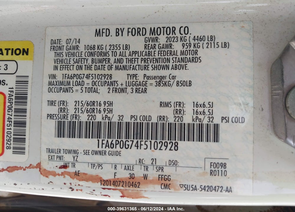 2015 FORD FUSION S VIN: 1FA6P0G74F5102928