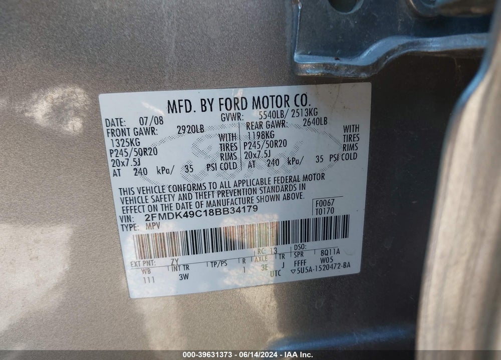 2008 FORD EDGE LIMITED VIN: 2FMDK49C18BB34179