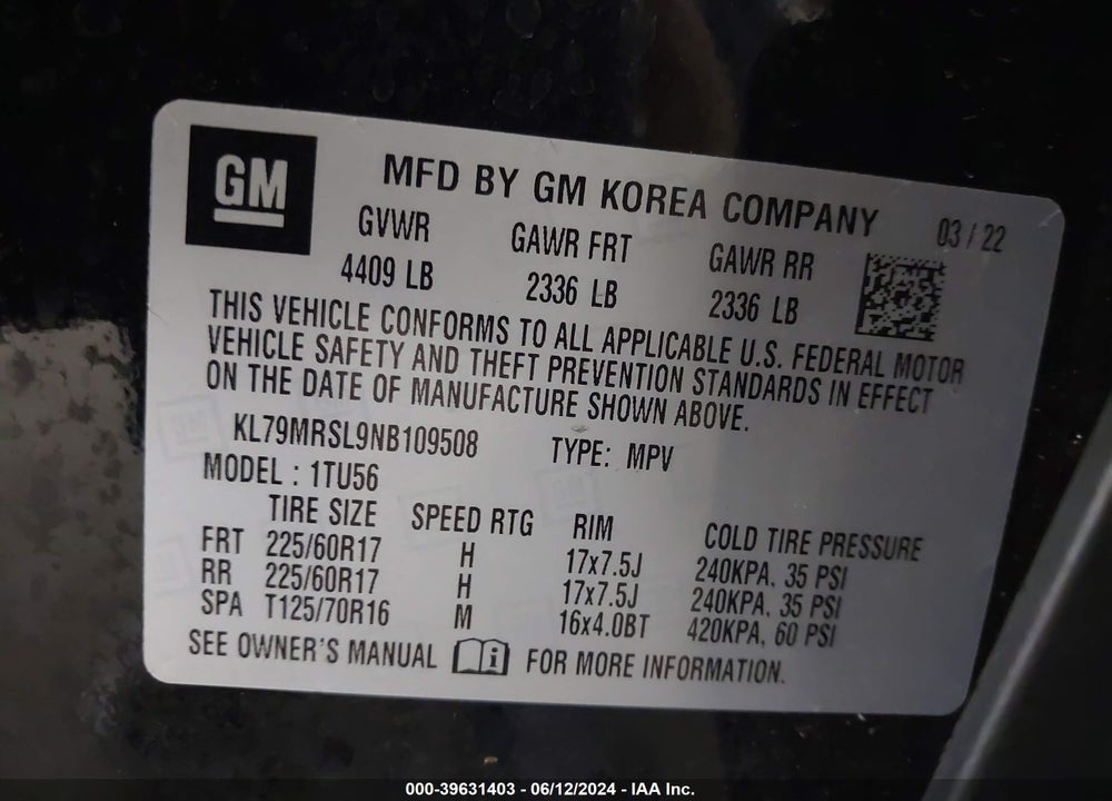 2022 CHEVROLET TRAILBLAZER AWD LT VIN: KL79MRSL9NB109508