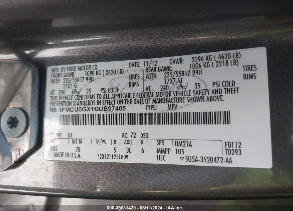 2013 FORD ESCAPE SE VIN: 1FMCU0GX1DUB97405
