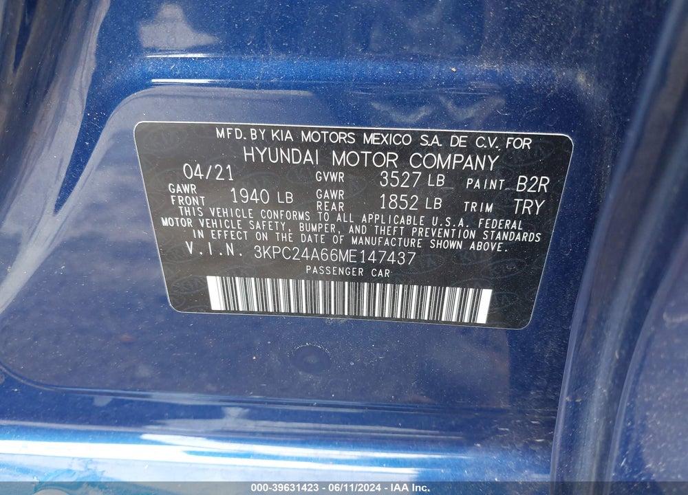 2021 HYUNDAI ACCENT SE VIN: 3KPC24A66ME147437