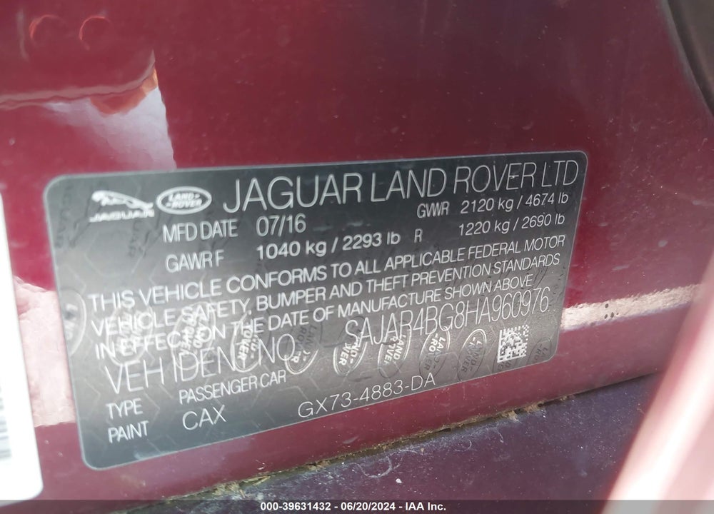 2017 JAGUAR XE 25T VIN: SAJAR4BG8HA960976