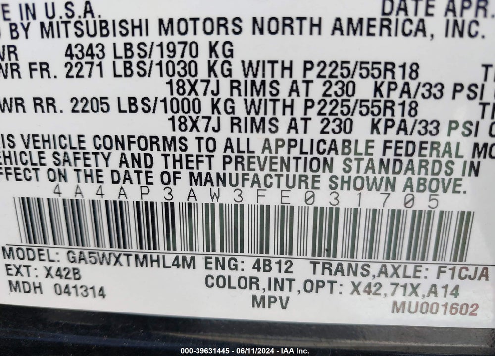 2015 MITSUBISHI OUTLANDER SPORT ES VIN: 4A4AP3AW3FE031705