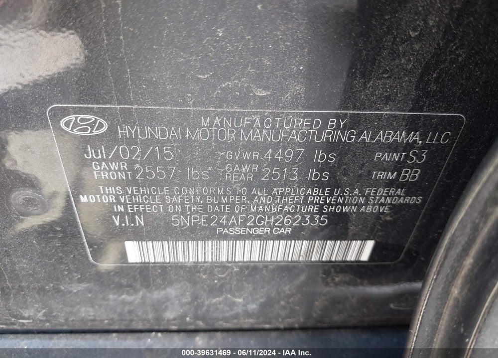 2016 HYUNDAI SONATA SE VIN: 5NPE24AF2GH262335