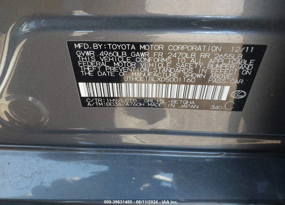 2013 LEXUS GS 350 VIN: JTHCE1BLXD5001160