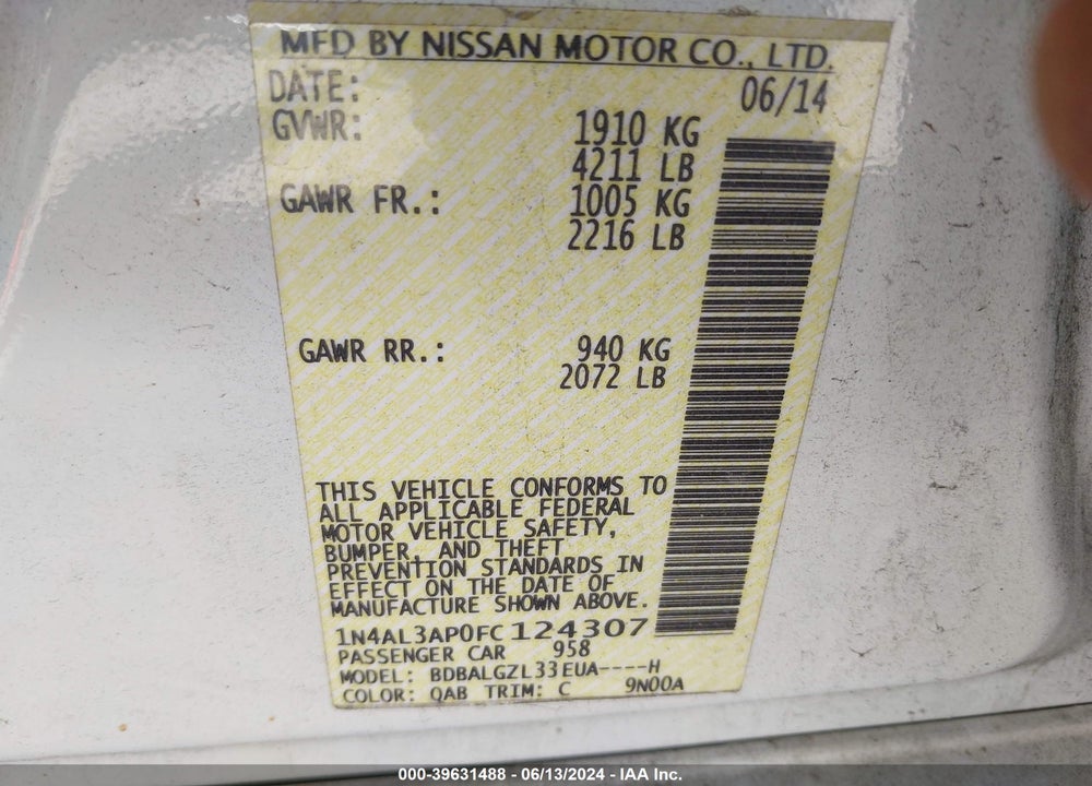 2015 NISSAN ALTIMA 2.5 S VIN: 1N4AL3AP0FC124307