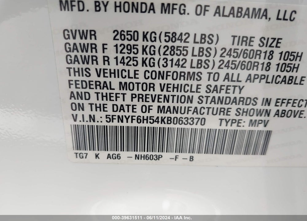 2019 HONDA PILOT EX-L VIN: 5FNYF6H54KB063370